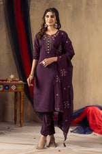 Deep Wine Embroidered Roman Silk Suit Set with Scalloped Chanderi Dupatta