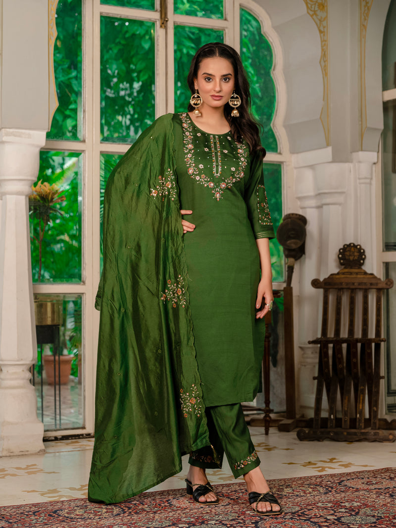 Mehndi Green Embroidered Marina Silk Suit Set with Maslin Dupatta