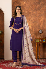 Deep Purple Hand Embroidered Marina Silk Suit Set with Muslin Dupatta
