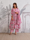 Premium Soft Pink Floral Jaipuri Cotton Flared Anarkali Suit Set