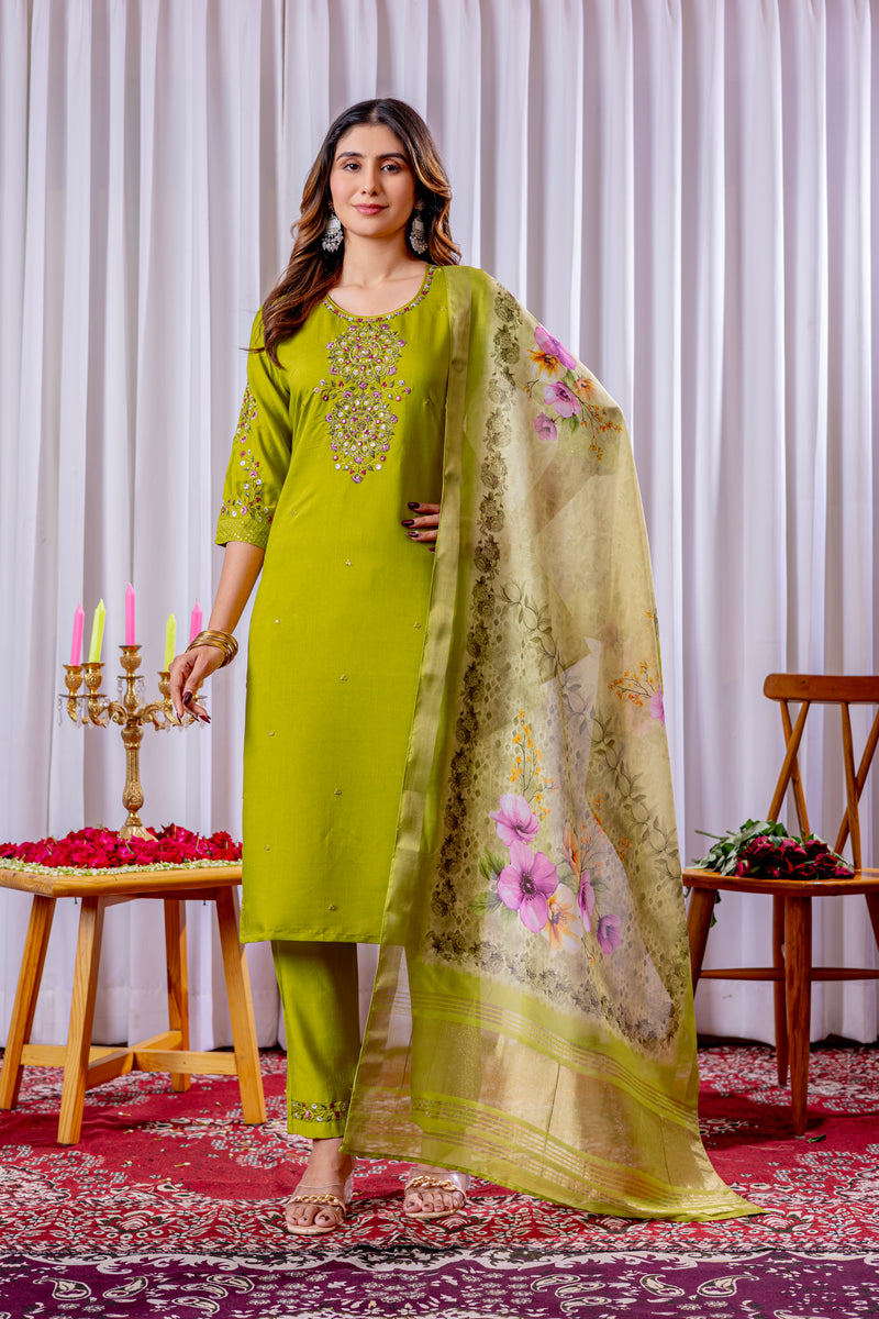 Parrot Green Embroidered Viscose Silk Suit Set with Printed Chanderi Dupatta