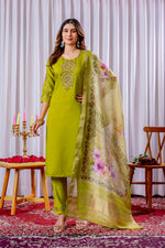 Parrot Green Embroidered Viscose Silk Suit Set with Printed Chanderi Dupatta