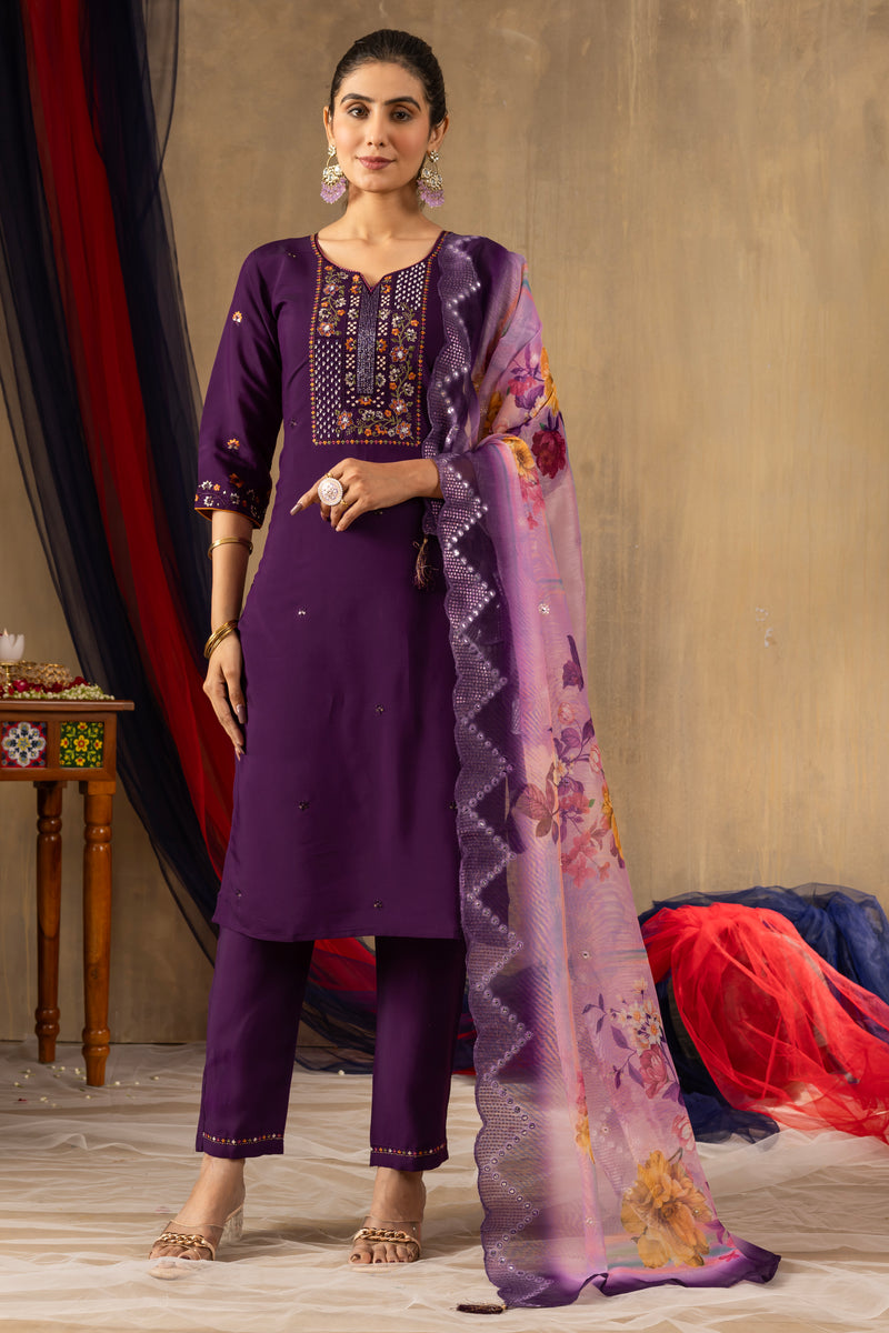 Deep Purple Embroidered Roman Silk Suit Set with Floral Mirror