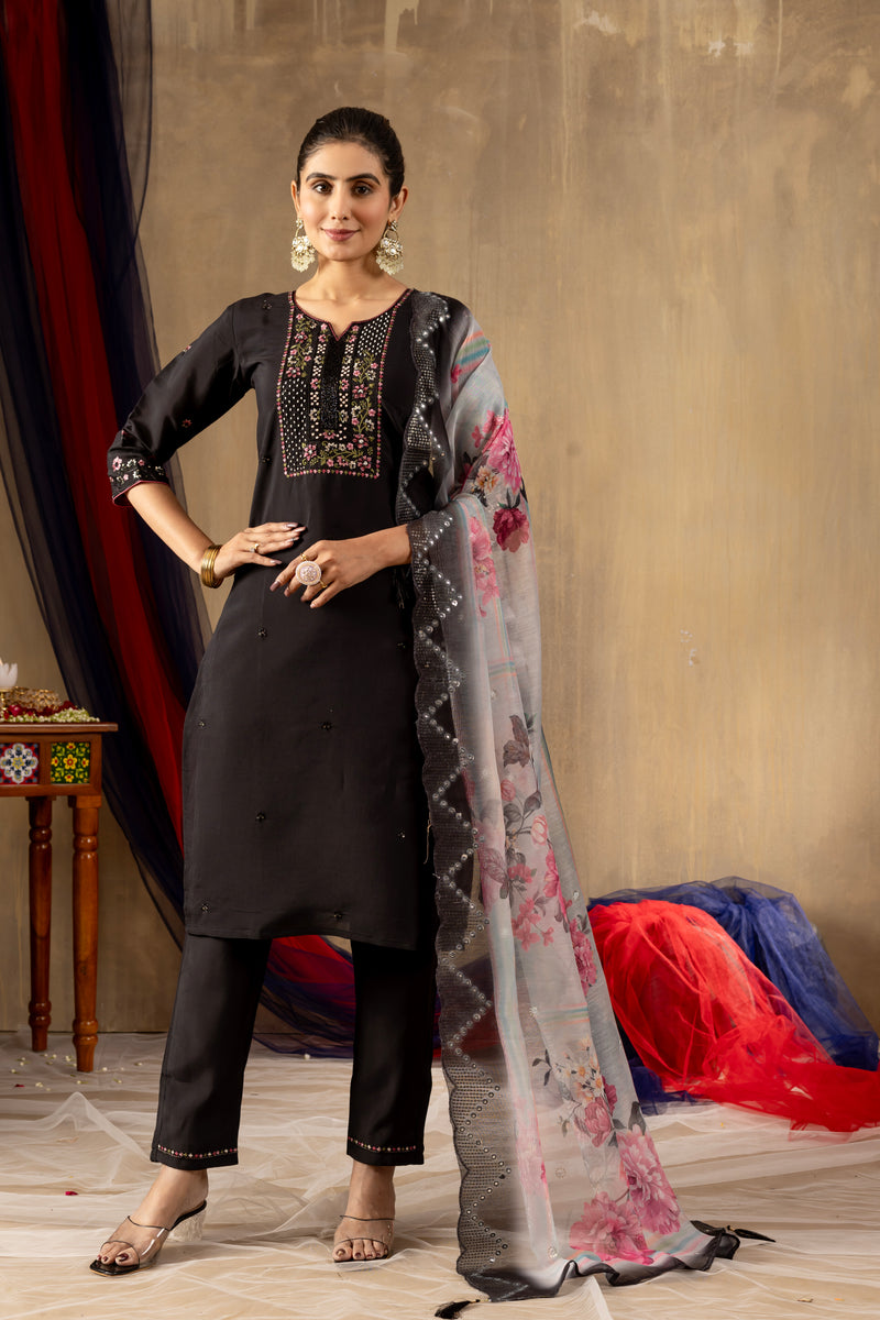 Black Embroidered Roman Silk Suit Set with Floral Chanderi Dupatta