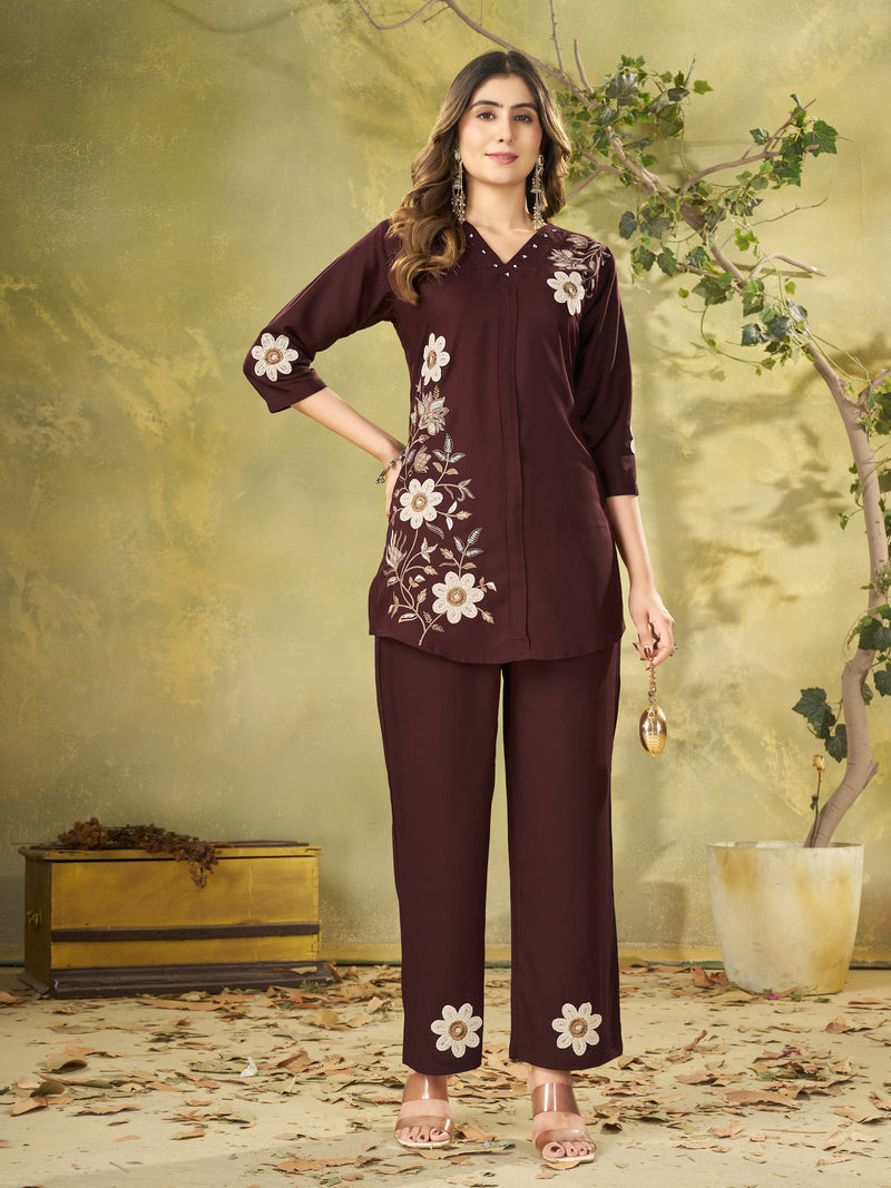 Premium Brown Embroidered Heavy Rayon Co-ord Set