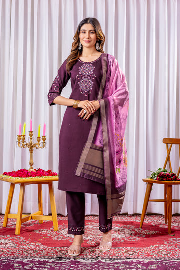 Deep Wine Embroidered Viscose Silk Suit Set with Printed Chanderi Dupatta