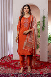 Vibrant Orange Embroidered Viscose Silk Suit Set with Printed Chanderi Dupatta