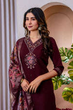 Deep Wine V-Neck Marina Viscose Silk Suit Set with Printed Chanderi Dupatta