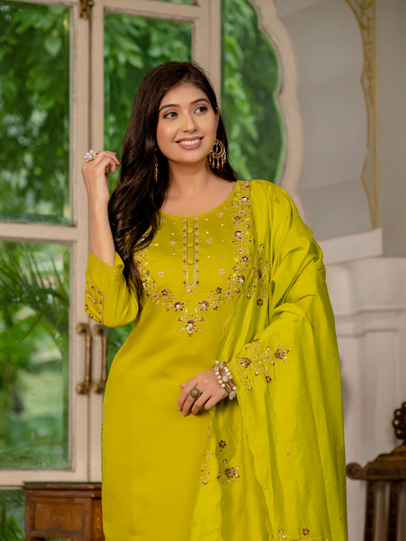 Mustard Yellow Embroidered Marina Silk Suit Set with Maslin Dupatta