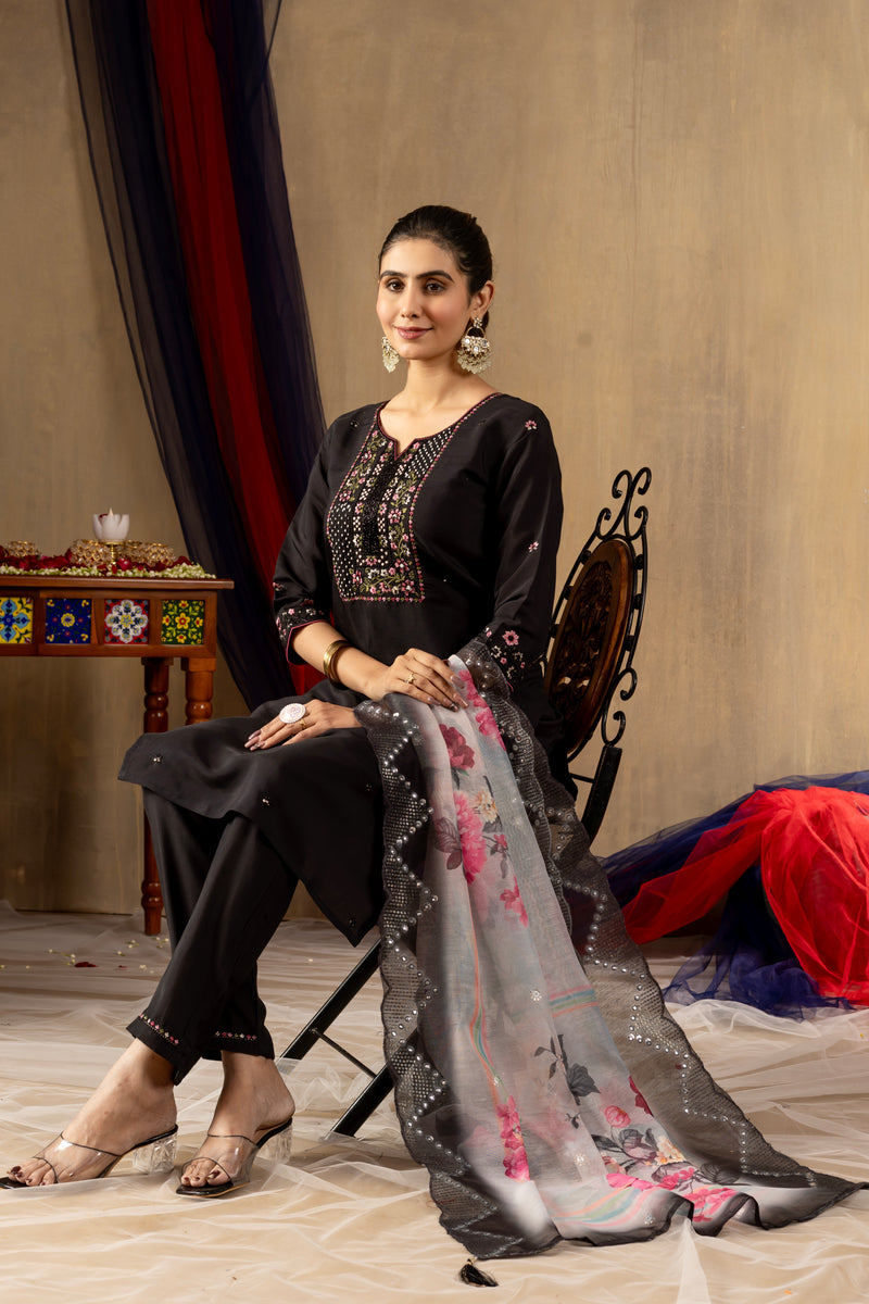 Black Embroidered Roman Silk Suit Set with Floral Chanderi Dupatta