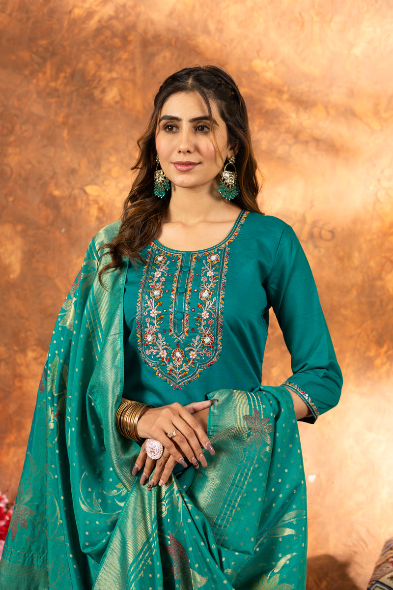 Rama Green Hand Embroidered Marina Silk Suit Set with Viscose Mina Dupatta