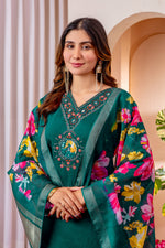 Forest Green Embroidered Marina Viscose Silk Suit Set with Floral Chanderi Dupatta
