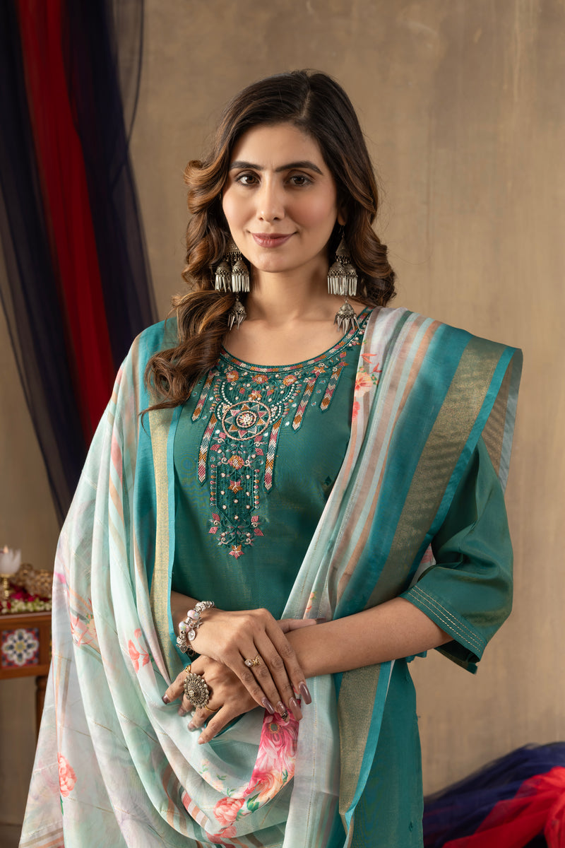 Rama Green Embroidered Shimmer Silk Suit Set with Digital Print Muslin Dupatta