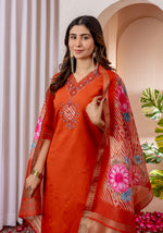 Vibrant Orange V-Neck Marina Viscose Silk Suit Set with Printed Chanderi Dupatta