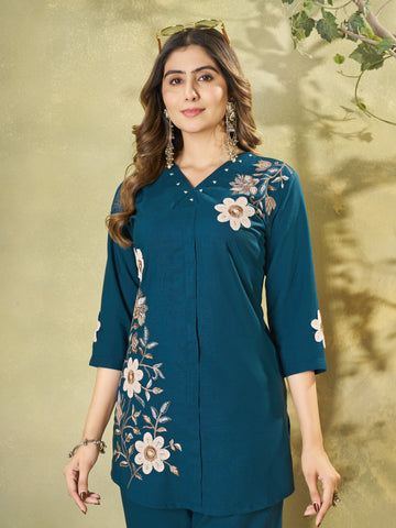 Premium Morpich Blue Embroidered Heavy Rayon Co-ord Set