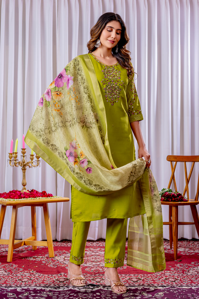 Parrot Green Embroidered Viscose Silk Suit Set with Printed Chanderi Dupatta