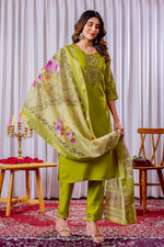 Parrot Green Embroidered Viscose Silk Suit Set with Printed Chanderi Dupatta
