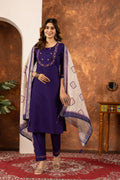 Deep Purple Hand Embroidered Marina Silk Suit Set with Muslin Dupatta