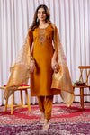 Mustard Yellow Embroidered Viscose Silk Suit Set with Printed Chanderi Dupatta