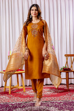 Mustard Yellow Embroidered Viscose Silk Suit Set with Printed Chanderi Dupatta