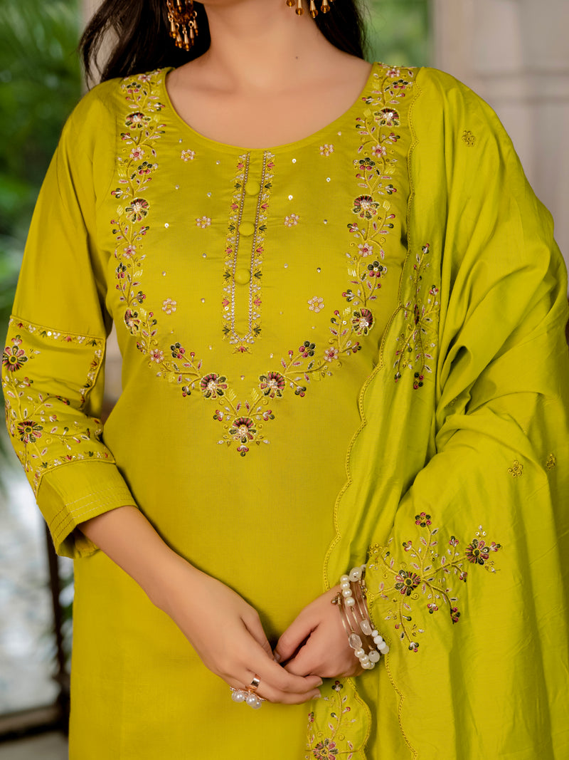 Mustard Yellow Embroidered Marina Silk Suit Set with Maslin Dupatta