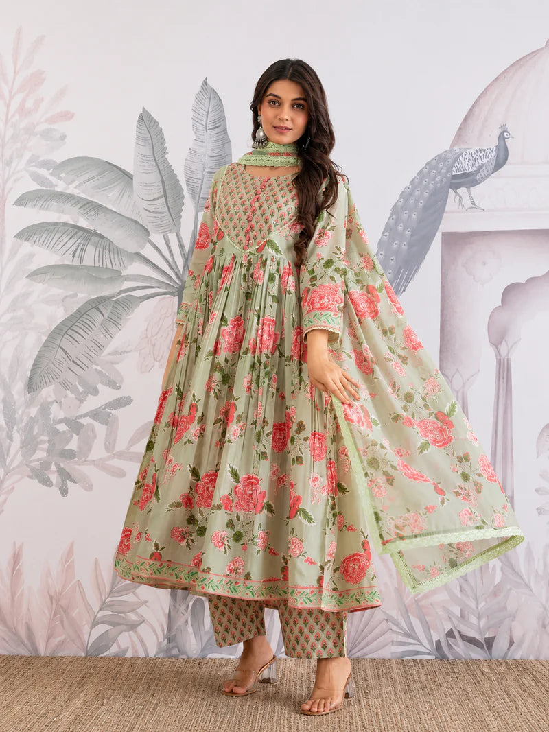 Premium Pista Green Floral Jaipuri Cotton Flared Anarkali Suit Set