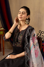 Black Embroidered Roman Silk Suit Set with Floral Chanderi Dupatta