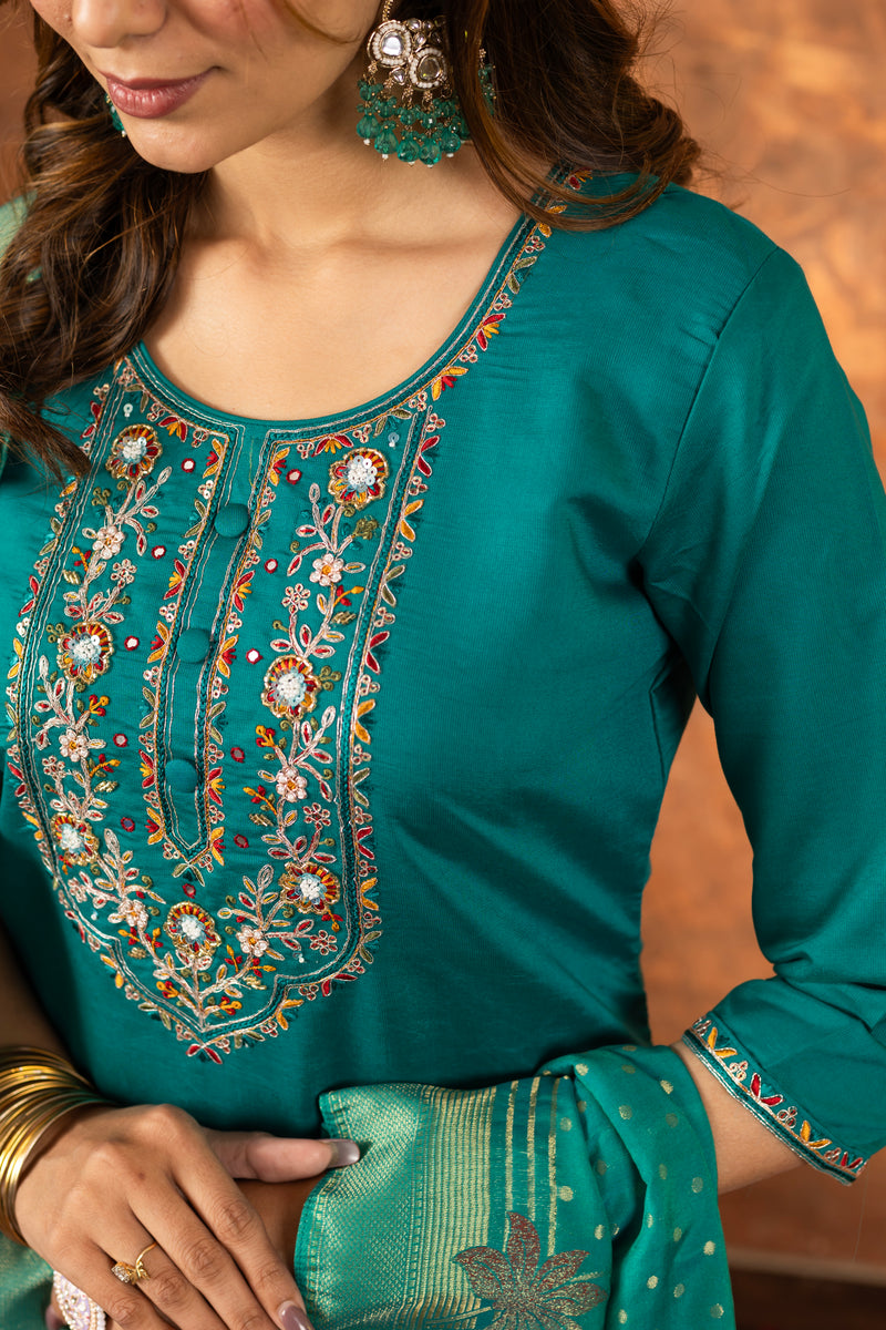 Rama Green Hand Embroidered Marina Silk Suit Set with Viscose Mina Dupatta
