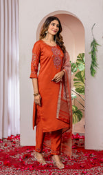 Vibrant Orange Embroidered Viscose Silk Suit Set with Printed Chanderi Dupatta