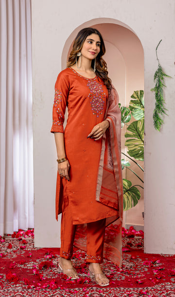 Vibrant Orange Embroidered Viscose Silk Suit Set with Printed Chanderi Dupatta