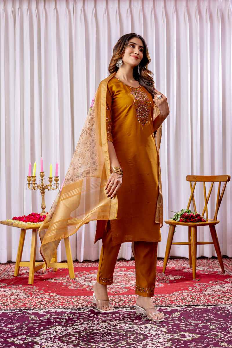 Mustard Yellow Embroidered Viscose Silk Suit Set with Printed Chanderi Dupatta