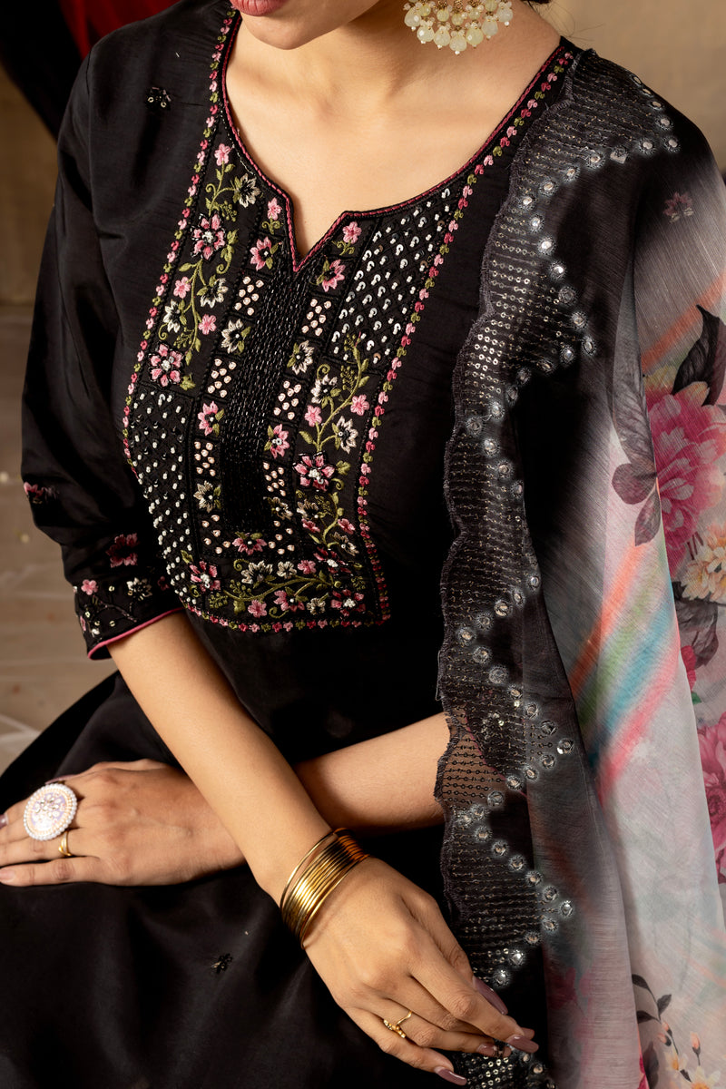 Black Embroidered Roman Silk Suit Set with Floral Chanderi Dupatta
