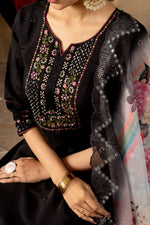 Black Embroidered Roman Silk Suit Set with Floral Chanderi Dupatta