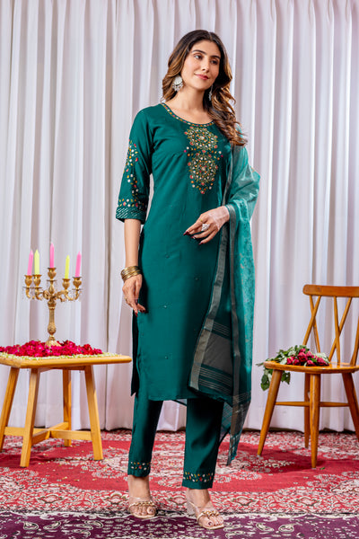 Emerald Green Embroidered Viscose Silk Suit Set with Printed Chanderi Dupatta