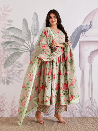 Premium Pista Green Floral Jaipuri Cotton Flared Anarkali Suit Set