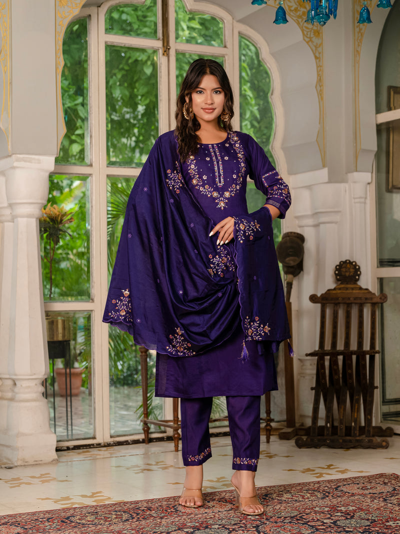 Deep Violet Embroidered Marina Silk Suit Set with Maslin Dupatta