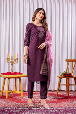 Deep Wine Embroidered Viscose Silk Suit Set with Printed Chanderi Dupatta