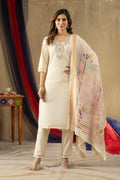Off-White Embroidered Shimmer Silk Suit Set with Digital Print Muslin Dupatta