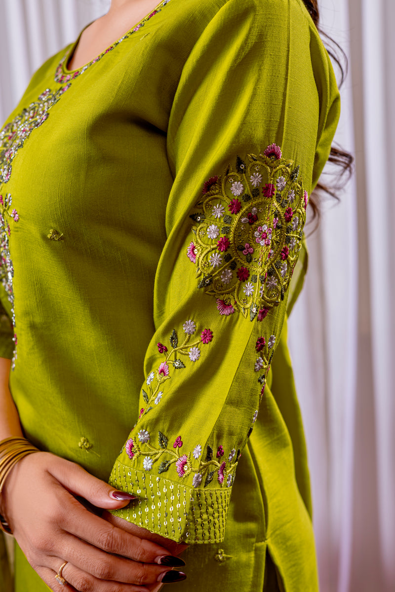 Parrot Green Embroidered Viscose Silk Suit Set with Printed Chanderi Dupatta