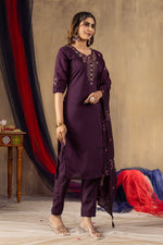 Deep Wine Embroidered Roman Silk Suit Set with Scalloped Chanderi Dupatta