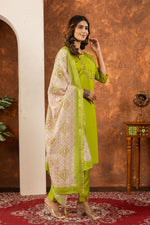 Lime Green Hand Embroidered Marina Silk Suit Set with Muslin Dupatta