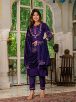 Deep Violet Embroidered Marina Silk Suit Set with Maslin Dupatta