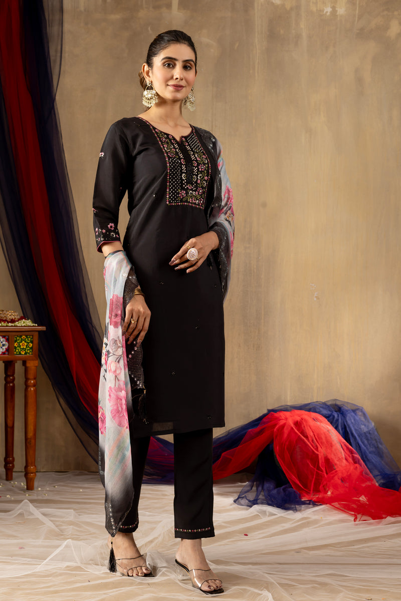 Black Embroidered Roman Silk Suit Set with Floral Chanderi Dupatta