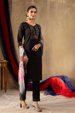 Black Embroidered Roman Silk Suit Set with Floral Chanderi Dupatta
