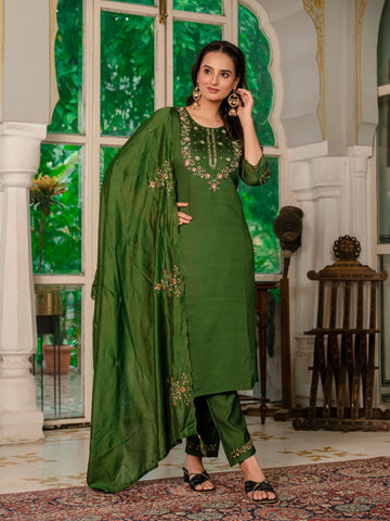 Mehndi Green Embroidered Marina Silk Suit Set with Maslin Dupatta
