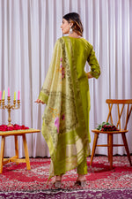 Parrot Green Embroidered Viscose Silk Suit Set with Printed Chanderi Dupatta