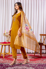 Mustard Yellow Embroidered Viscose Silk Suit Set with Printed Chanderi Dupatta