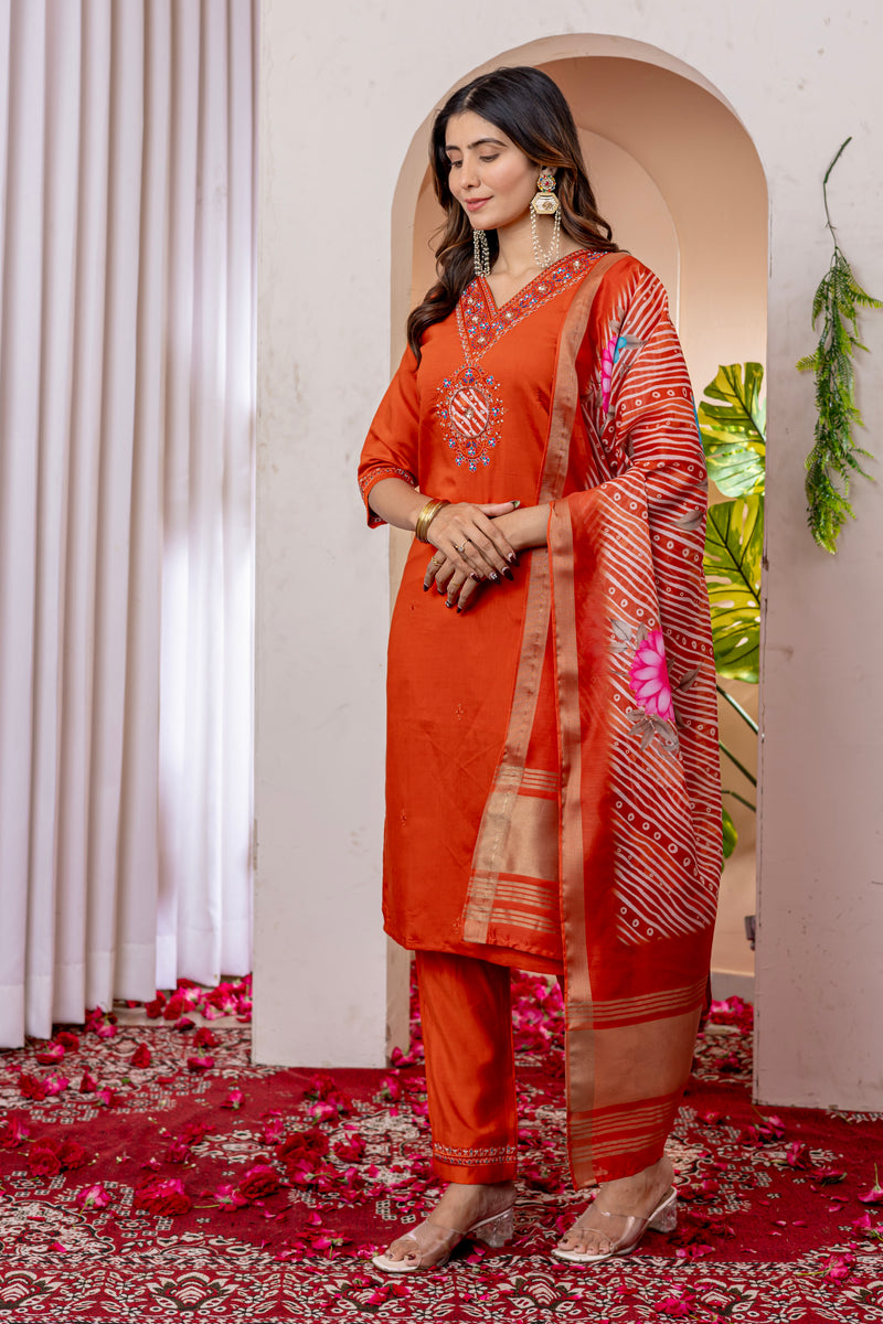 Vibrant Orange V-Neck Marina Viscose Silk Suit Set with Printed Chanderi Dupatta