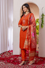 Vibrant Orange V-Neck Marina Viscose Silk Suit Set with Printed Chanderi Dupatta