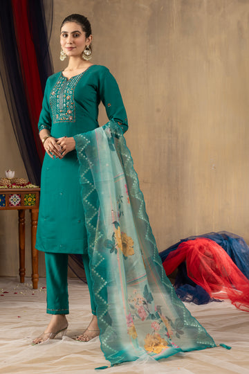 Rama Green Embroidered Roman Silk Suit Set with Floral Mirror-Work Dupatta